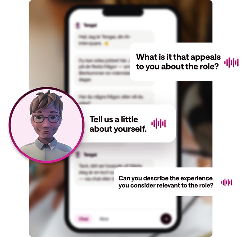 Tengai's avatar asking voice-based questions in a structured screening interview on a phone