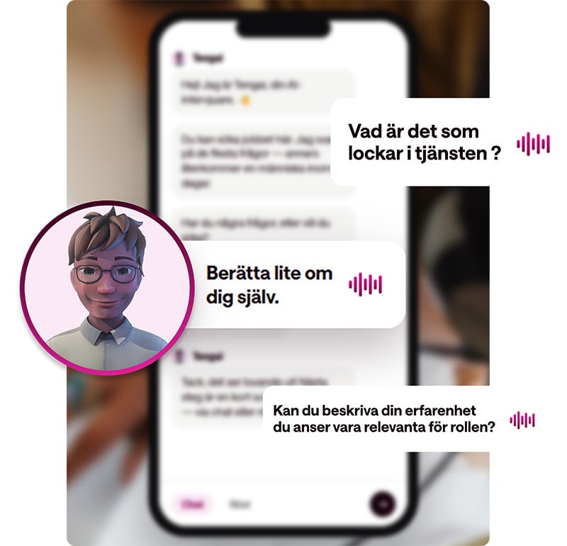 Kandidat svarar på en strukturerad screeningintervju hos Tengai via telefon, med röstsvar